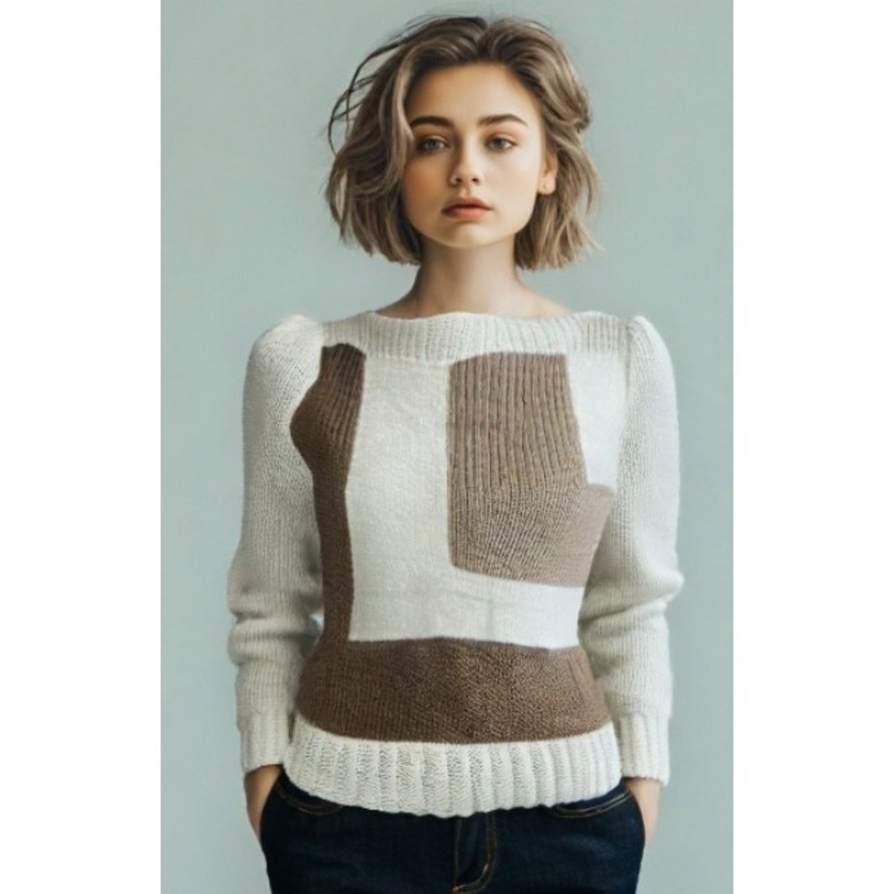 80s Nannell Sweater Small Hand Knit Angora Wool Colorblock Ivory Puff Sleeve EUC